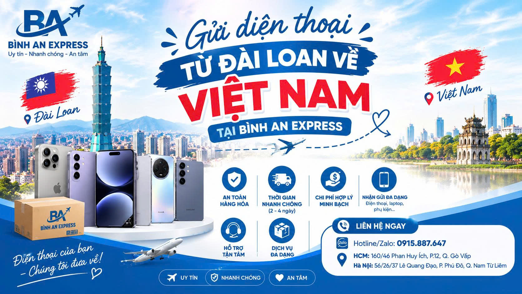 Gửi điện thoại từ Đài Loan về Việt Nam tại Bình An Express 2026